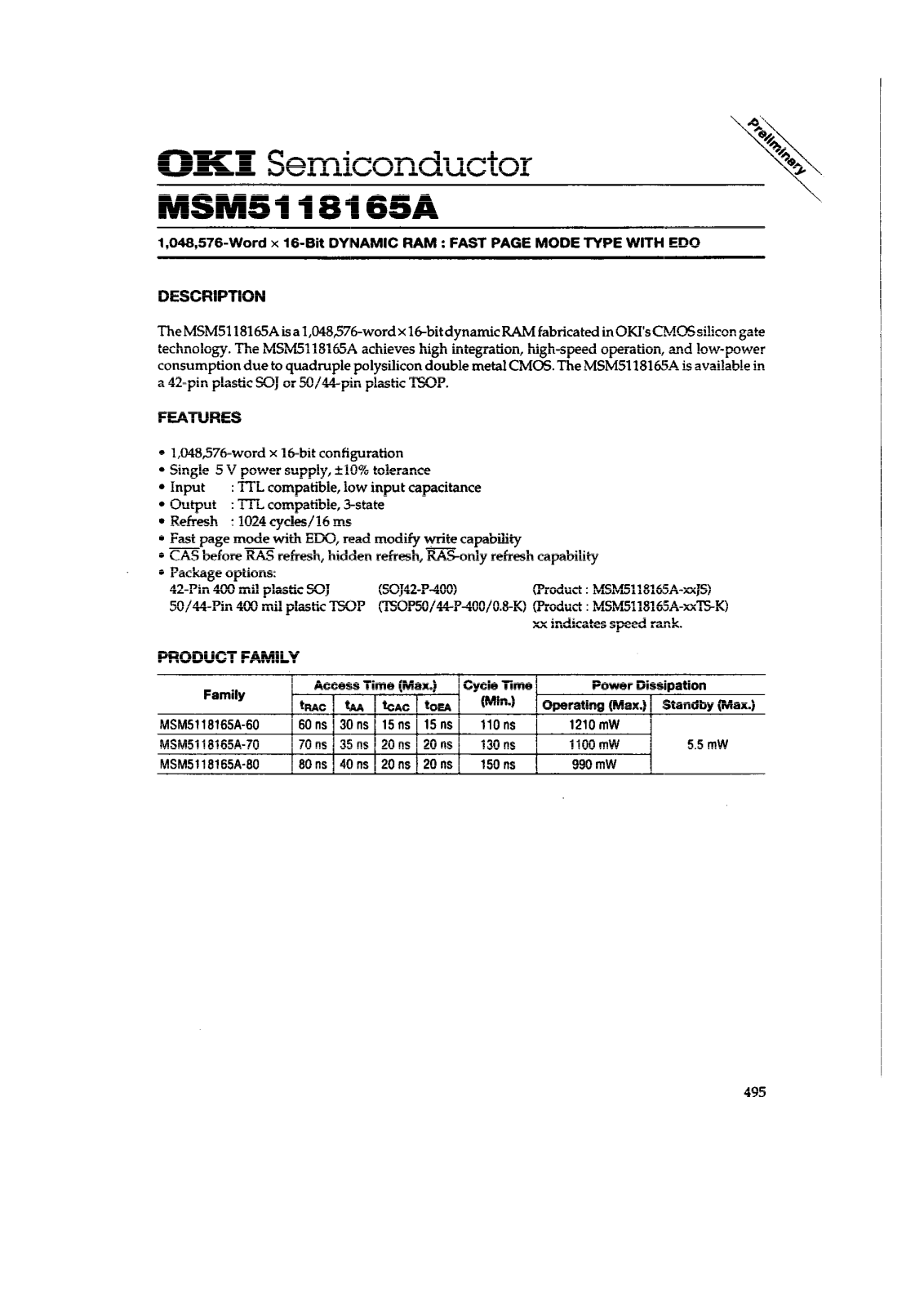 OKI MSM5118165A-80JS, MSM5118165A-70JS, MSM5118165A-60TS-K, MSM5118165A-80TS-K, MSM5118165A-70TS-K Datasheet