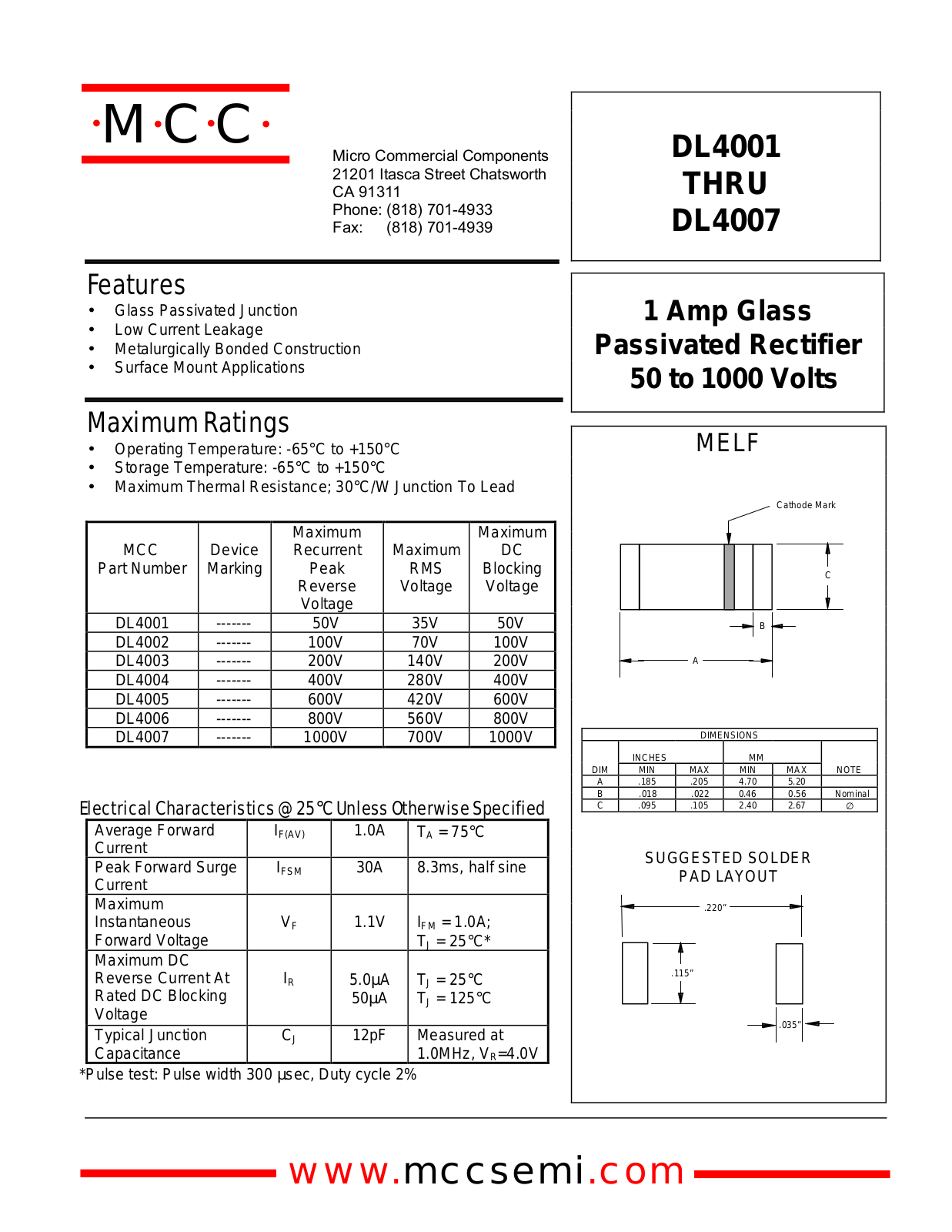 MCC DL4002, DL4001, DL4007, DL4006, DL4004 Datasheet