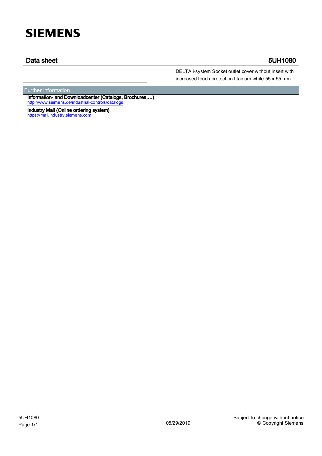 Siemens 5UH1080 data sheet