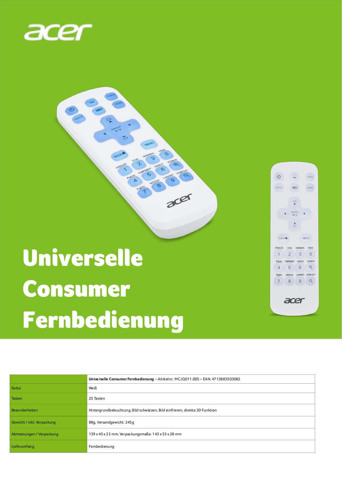 Acer Universelle Consumer Fernbedienung User Manual