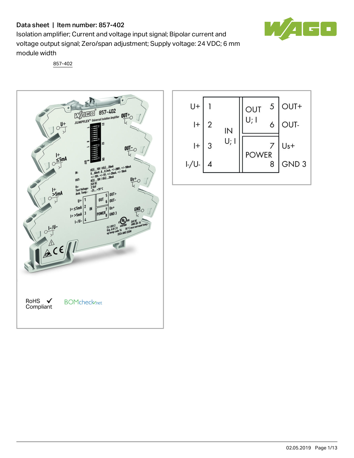 Wago 857-402 Data Sheet