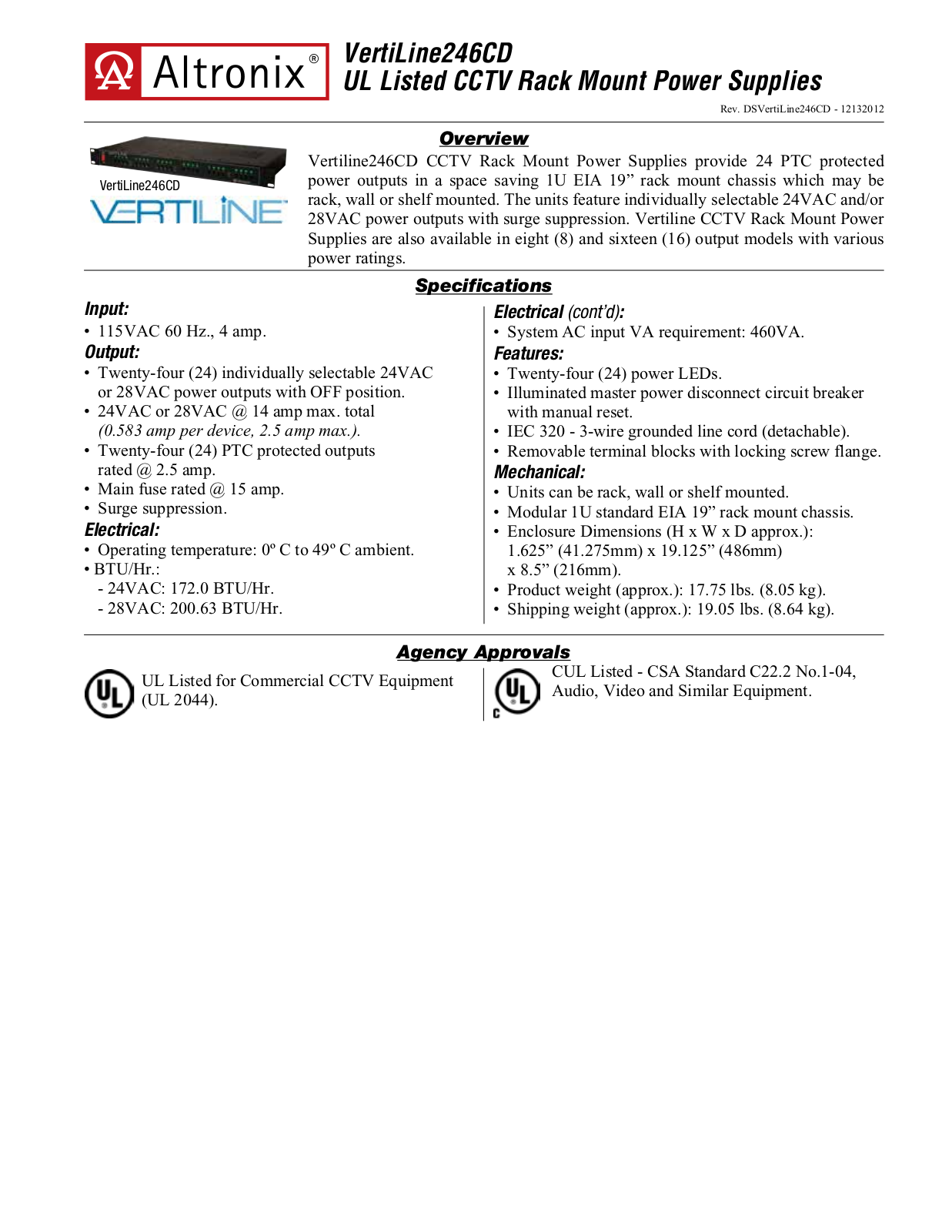 Altronix VertiLine246CD Data Sheet