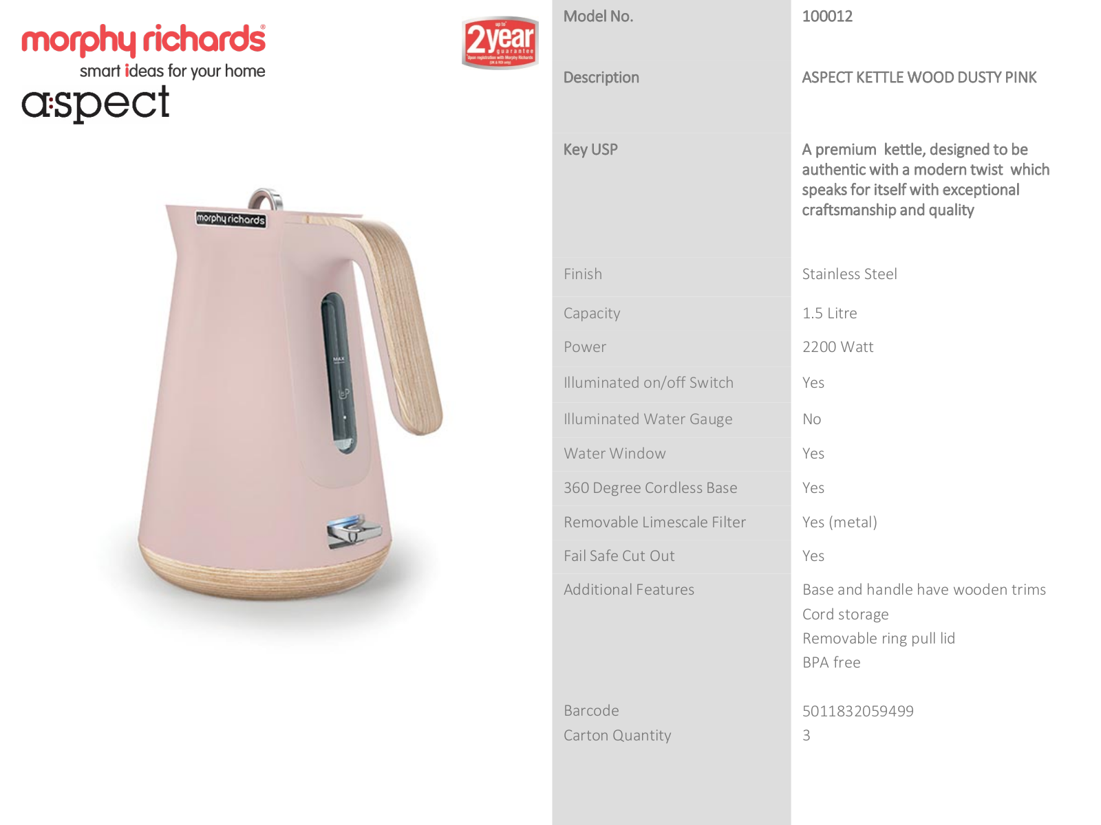 Morphy Richards 100012, 240012100012 Specifications Sheet