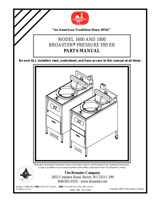 Broaster 1800E Parts List