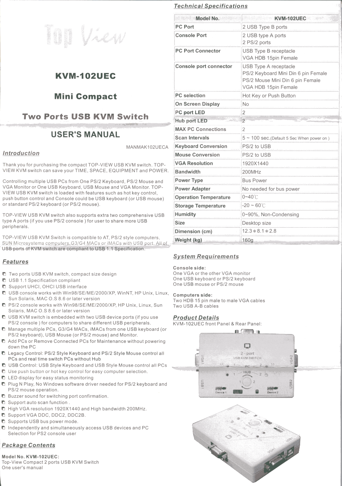 QVS KVM102UEC User Manual