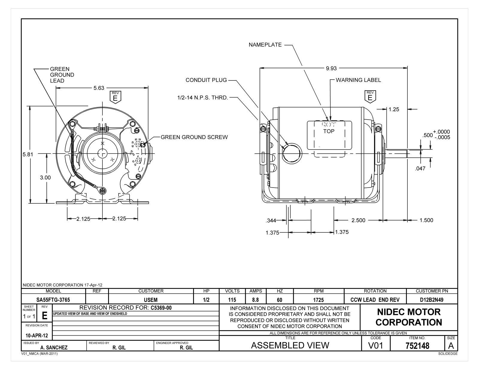 US Motors D12B2N49 Dimensional Sheet - ManualMachine.com