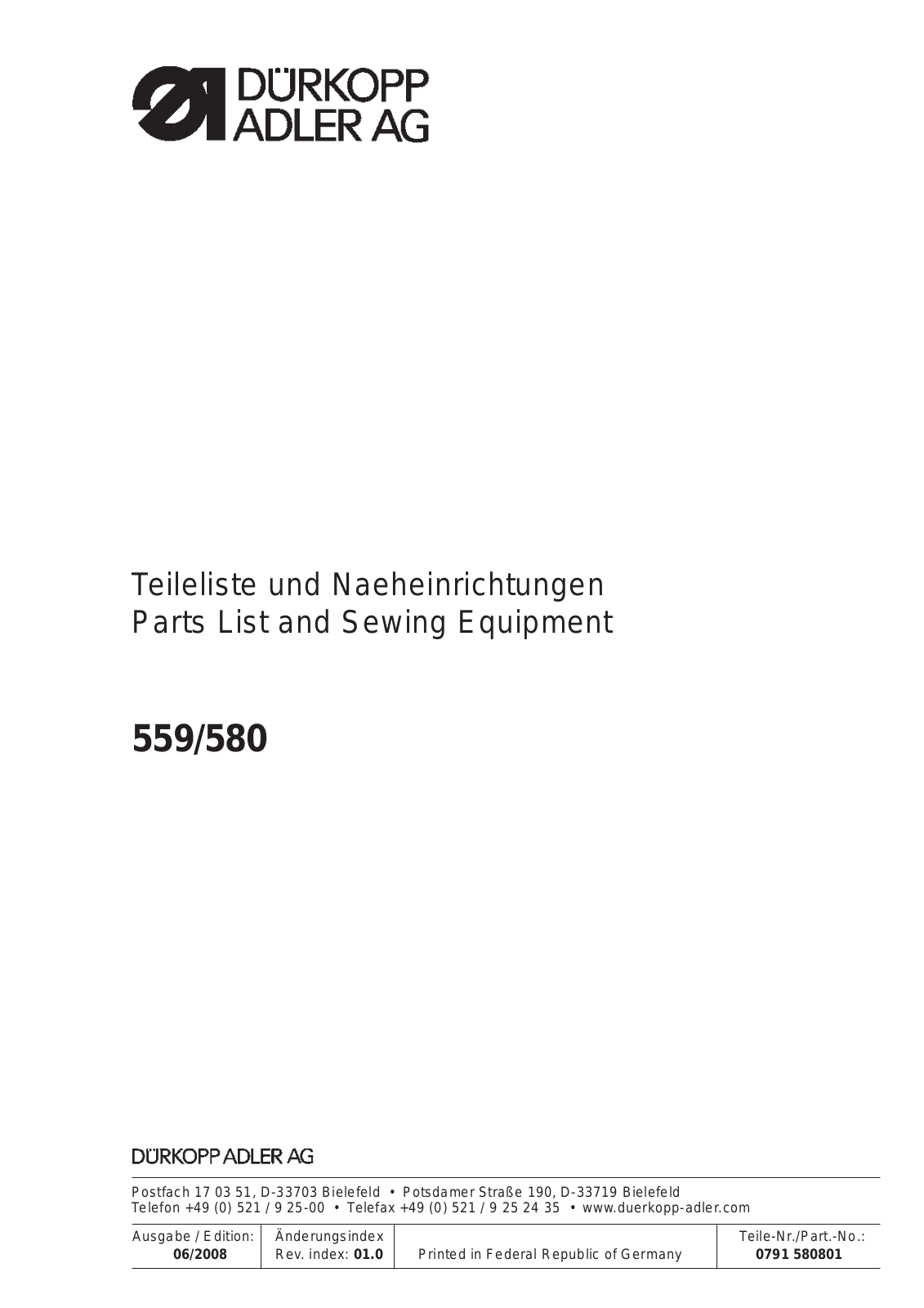 DURKOPP 559, 580 Parts List