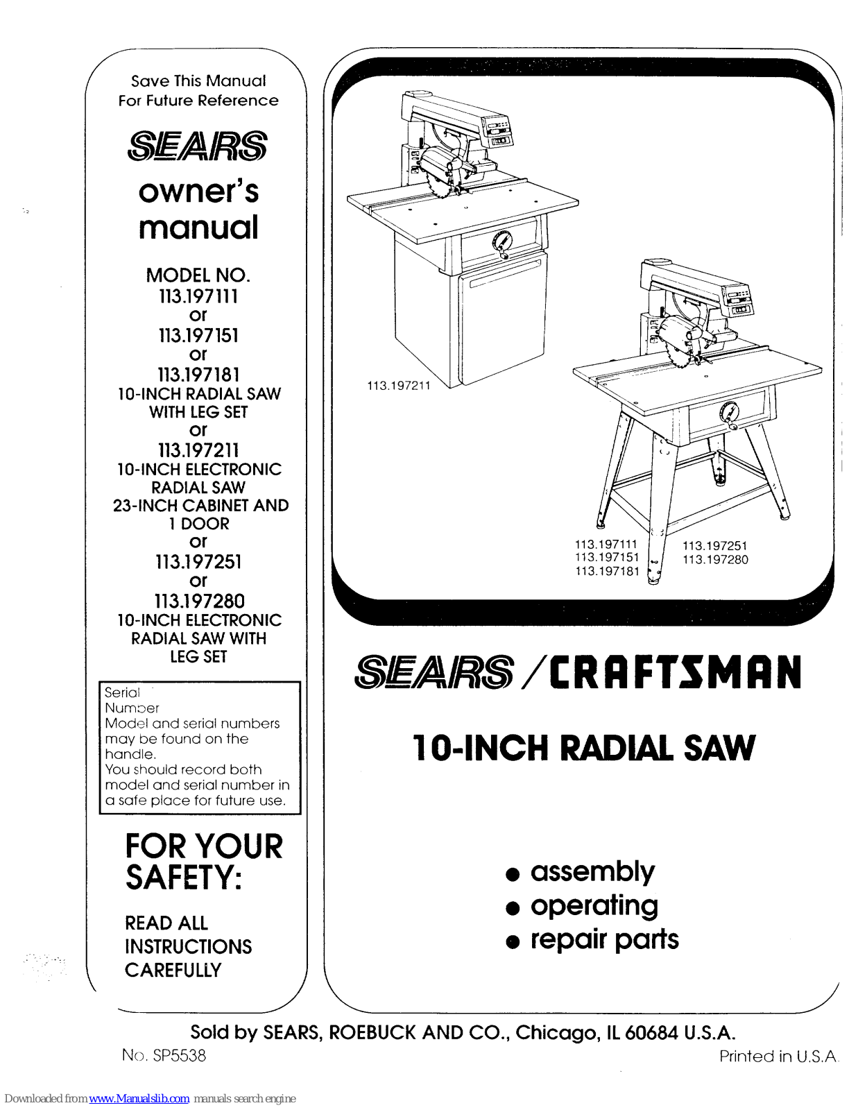 Sears 113.197111,113.197151,113.197280,113.197181,113.197211,113.197251 Owner's Manual