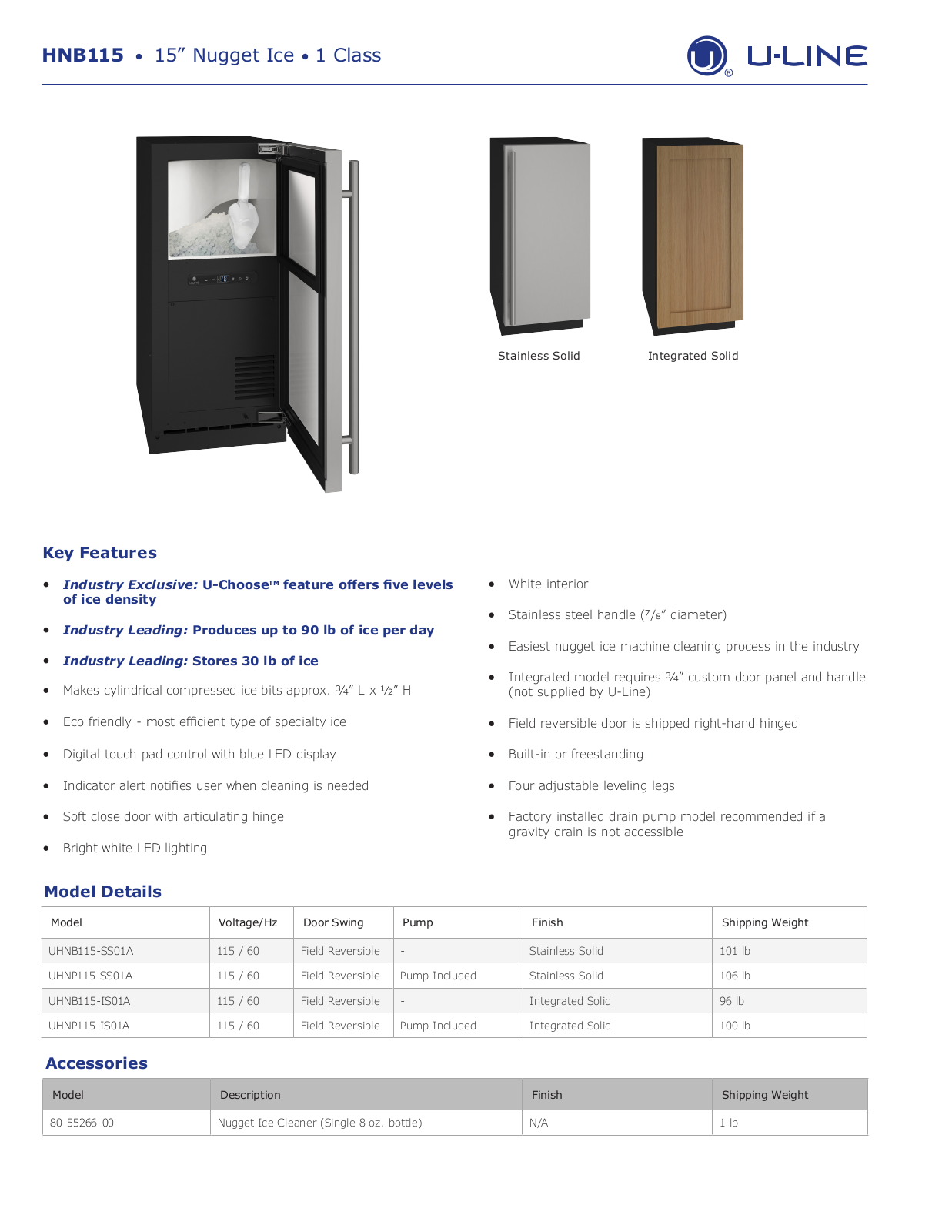 U-Line UHNP115SS01A, UHNB115IS01A Specifications