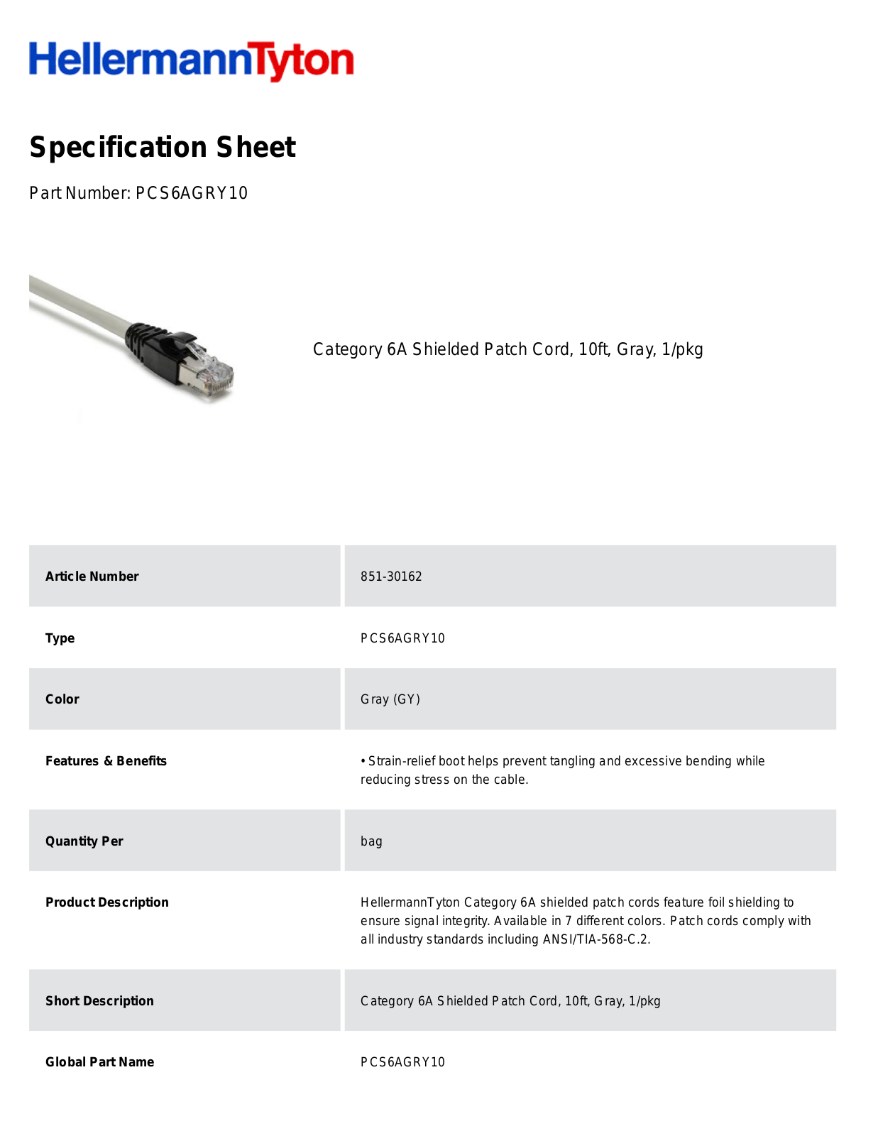HellermannTyton PCS6AGRY10 Specification Sheet