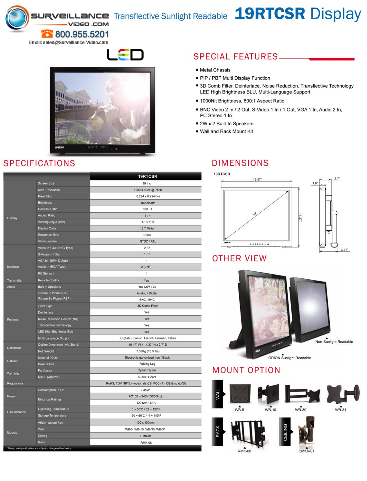 Orion 19RTCLDSR Specsheet