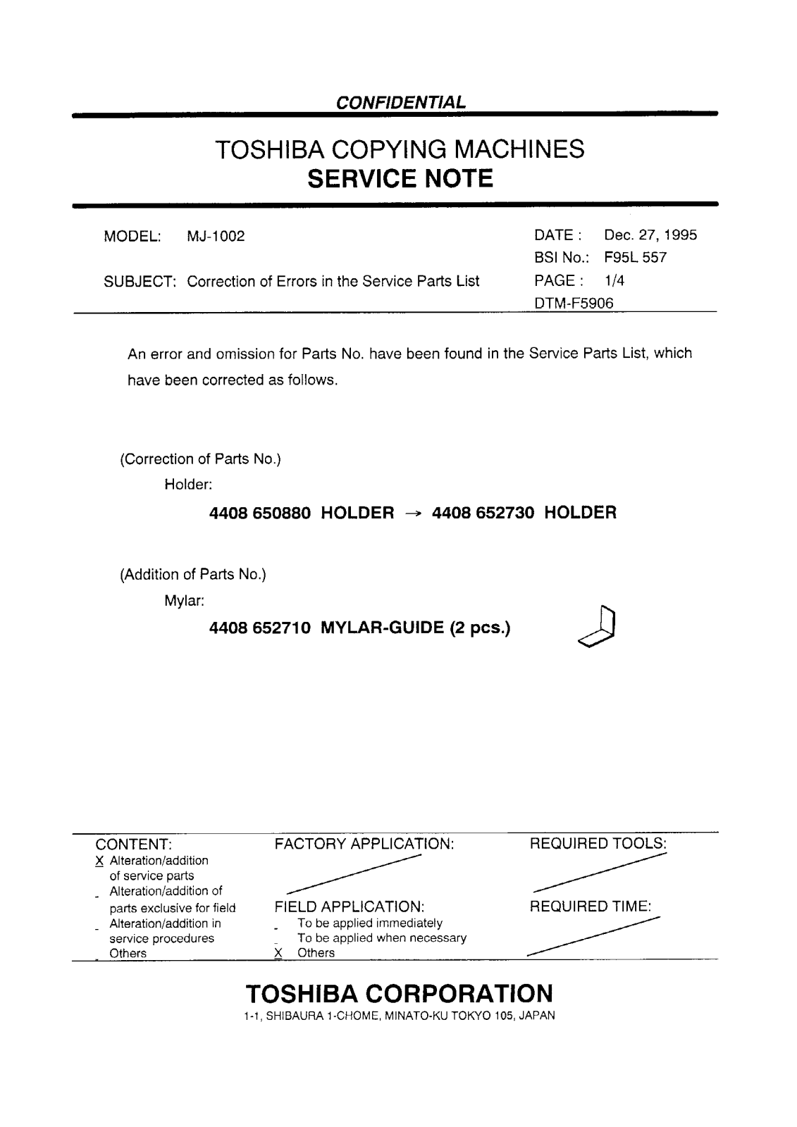 Toshiba f95l557 Service Note