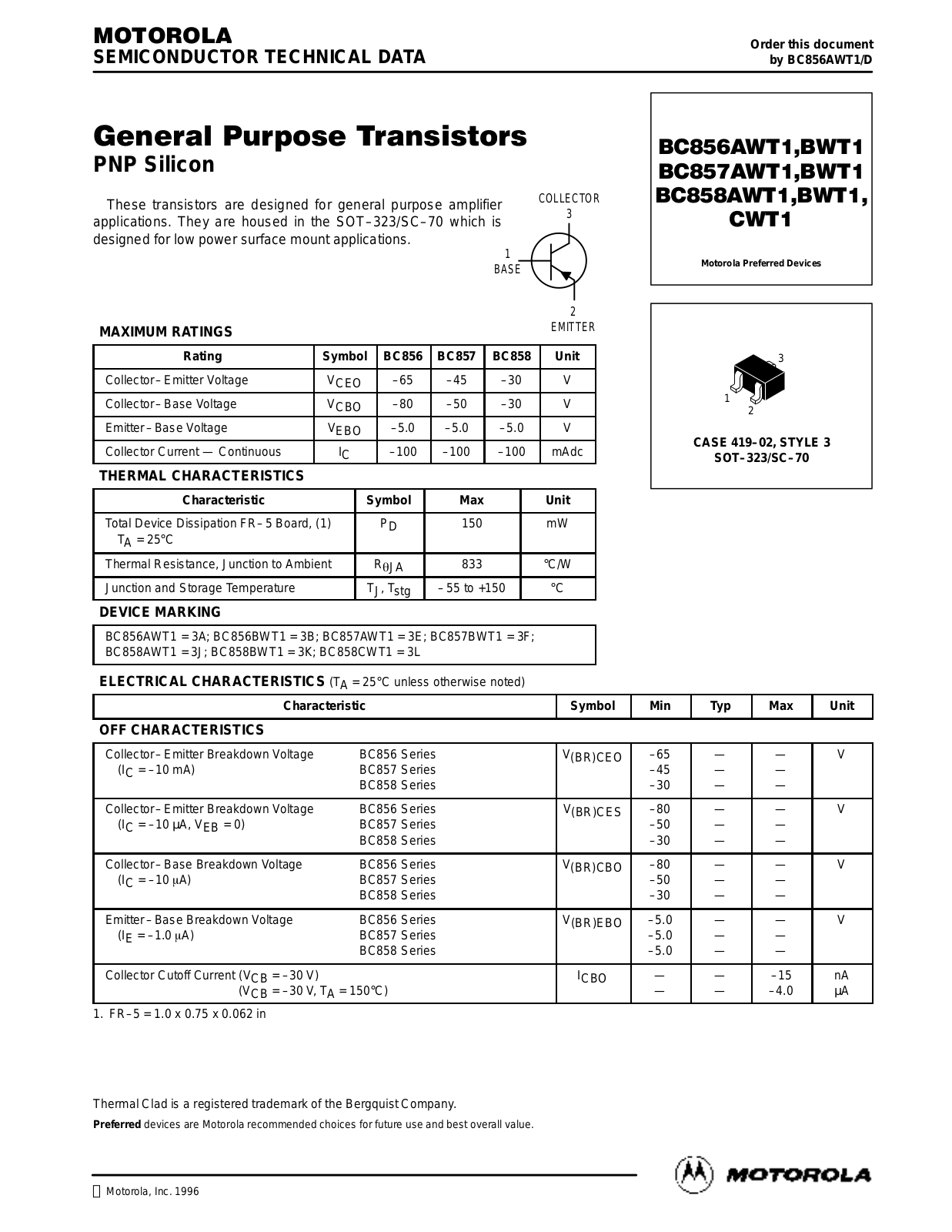 Motorola BC858CWT1, BC858AWT1, BC858BWT1, BC857AWT1, BC856BWT1 Datasheet