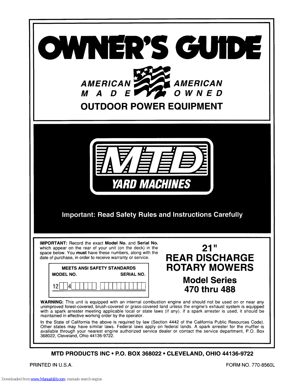 Yard Machines 470, 488 Owner's Manual