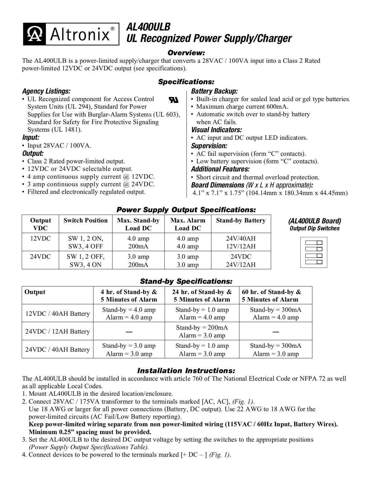 Altronix AL400ULB Installation Instructions