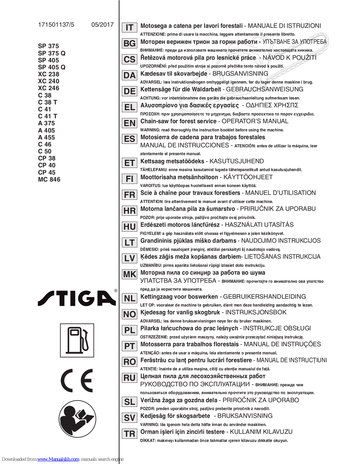 Stiga SP 375, SP 405, SP 405 Q, SP 375 Q, C 38 Operator's Manual