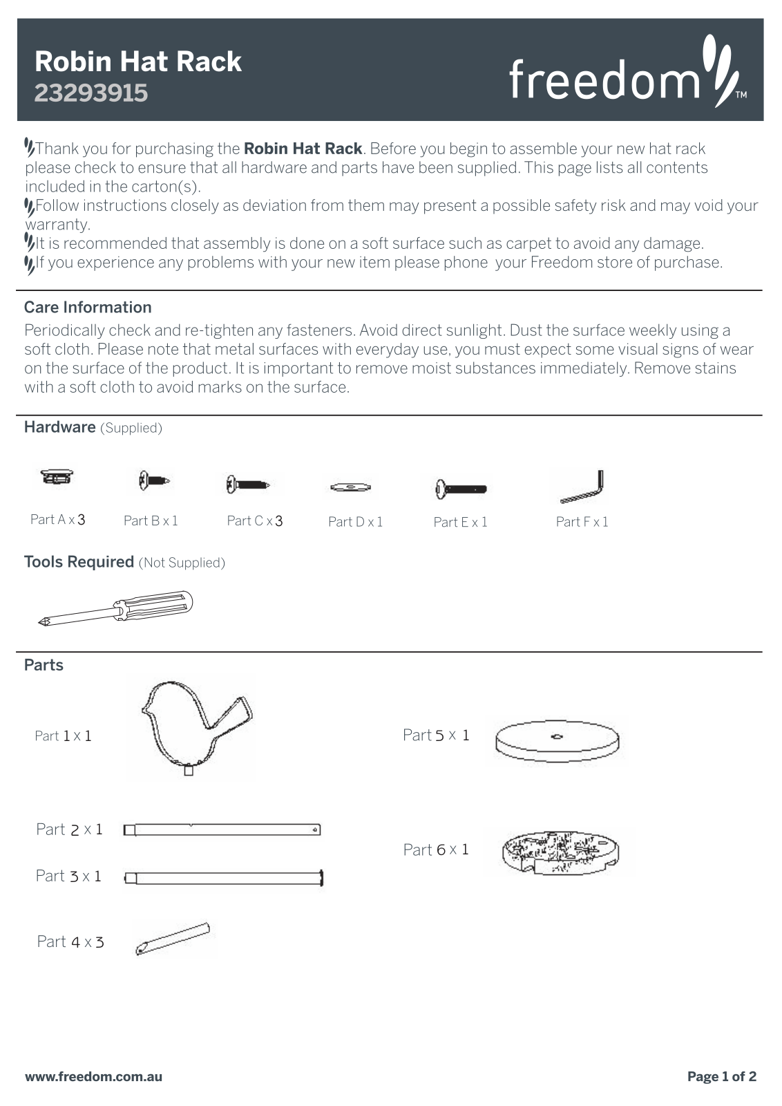 Freedom Robin Hat Rack Assembly Instruction