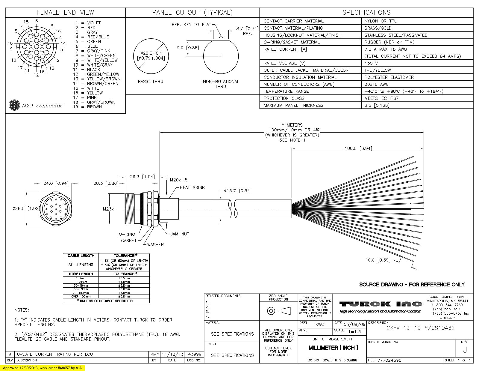 Turck CKFV19-19-1/CS10462 Specification Sheet