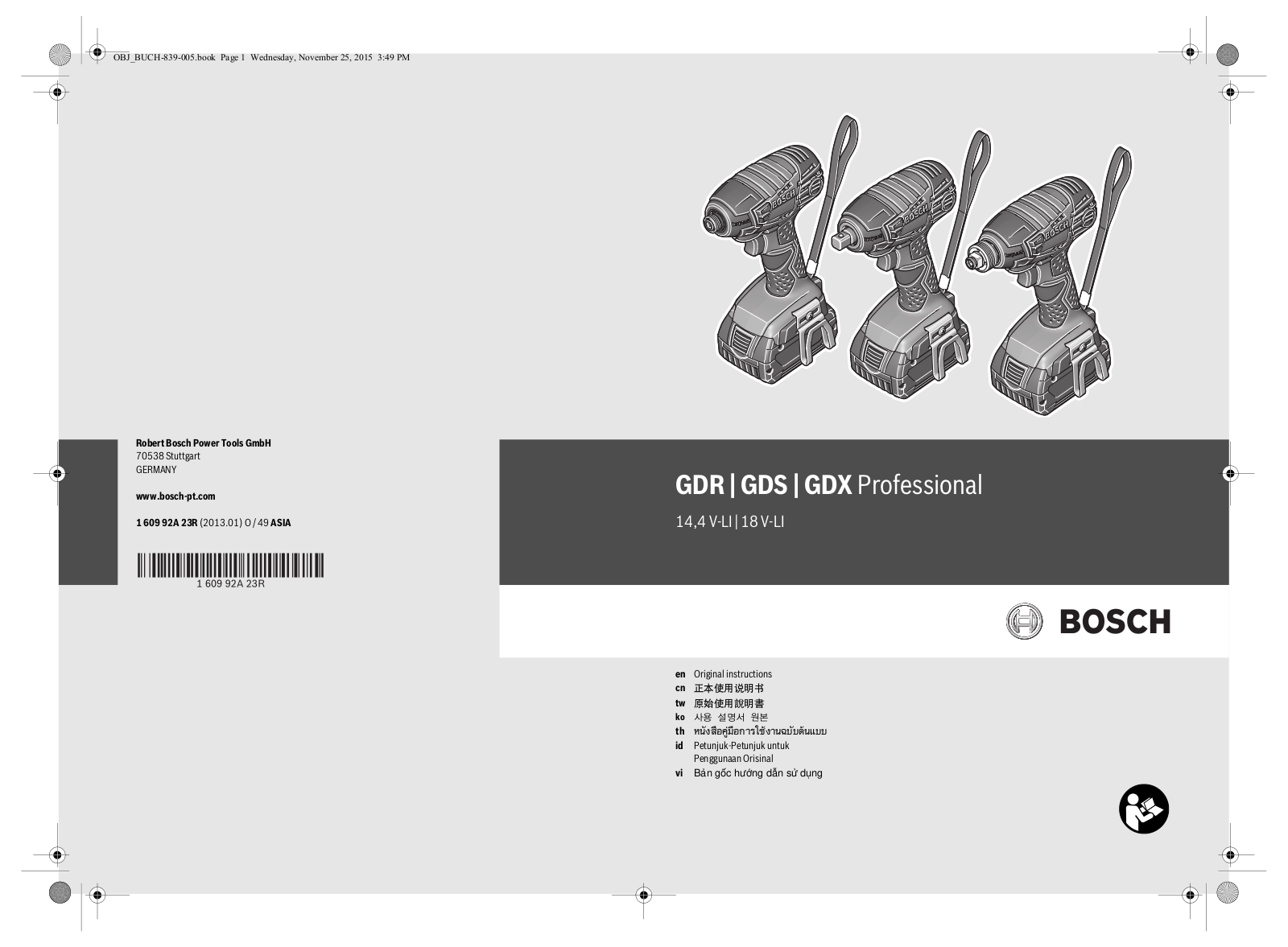 Bosch GDR 14,4V-LI, GDR 18V-LI, GDS 14,4V-LI, GDS 18V-LI, GDX 14,4V-LI User Manual