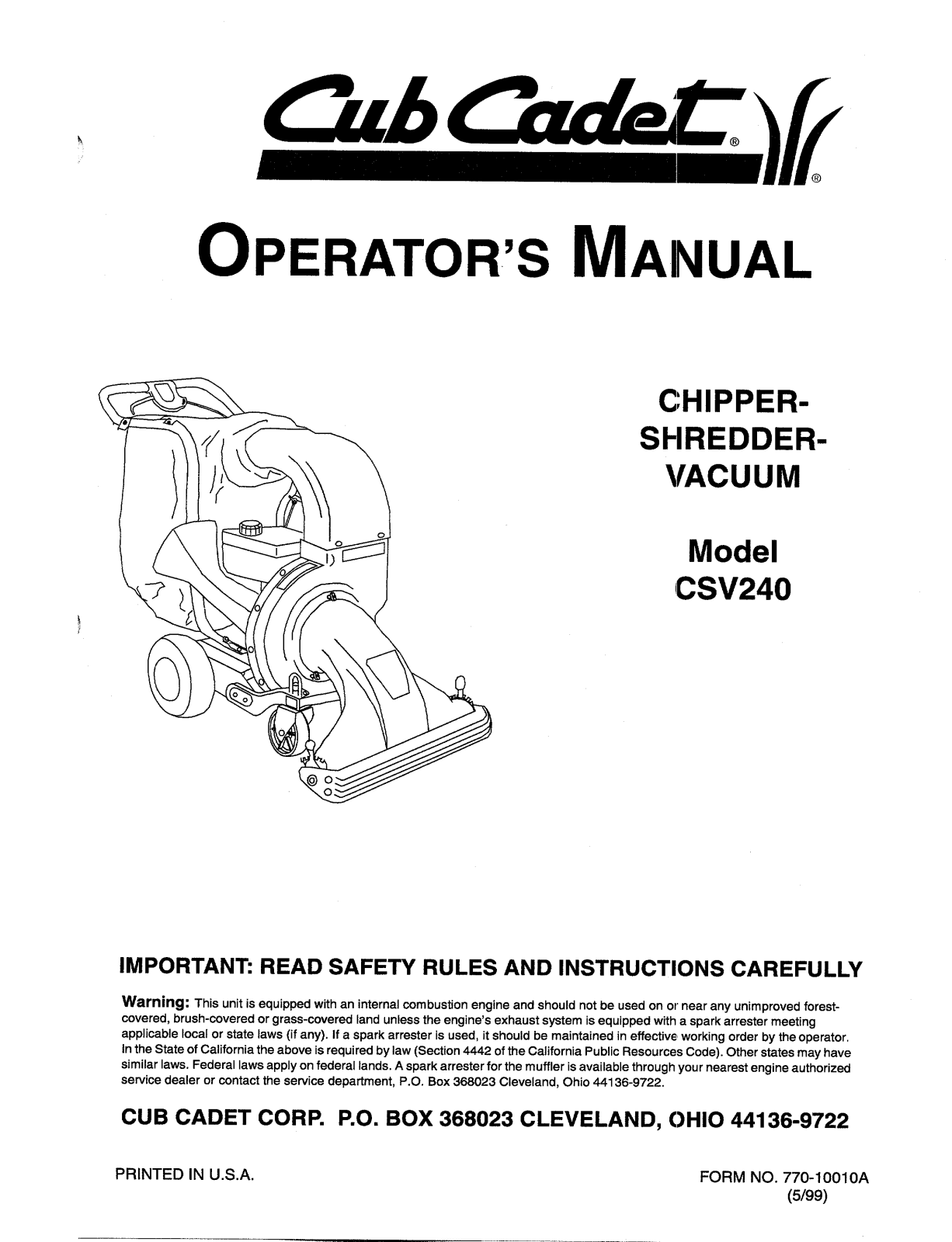 Cub Cadet CSV240 User Manual