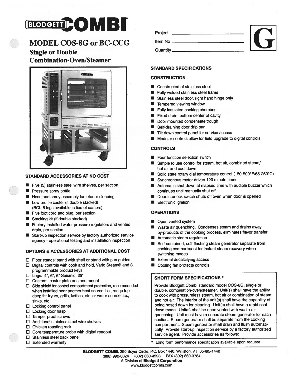 Blodgett COS-8G Specifications