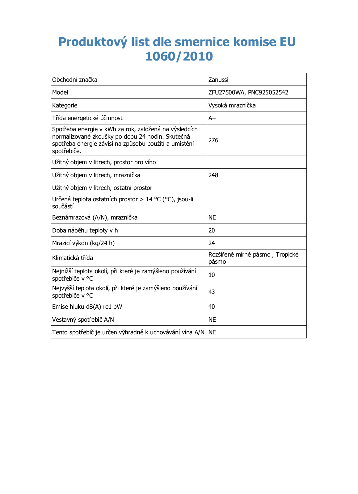 Zanussi ZFU27500WA User Manual