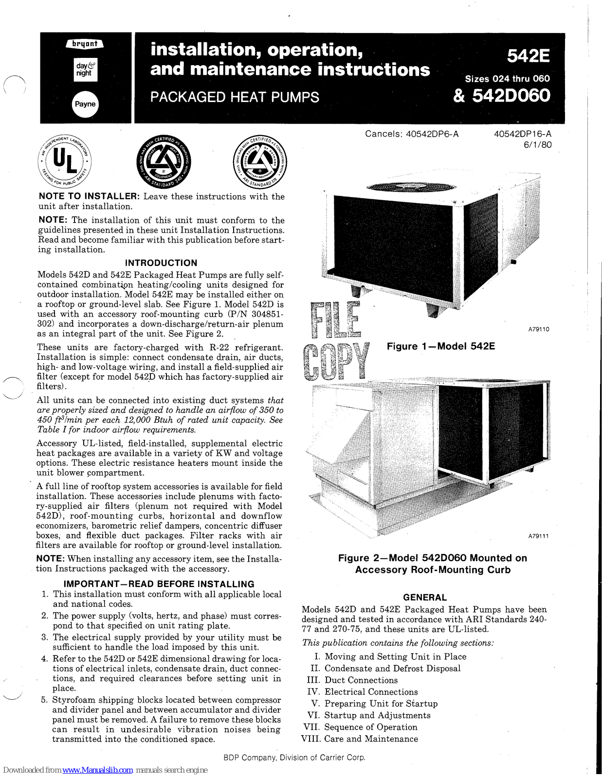 Bryant 542D060, 542E, 542E024, 542E030, 542E036 Installation, Operation And Maintenance Instructions