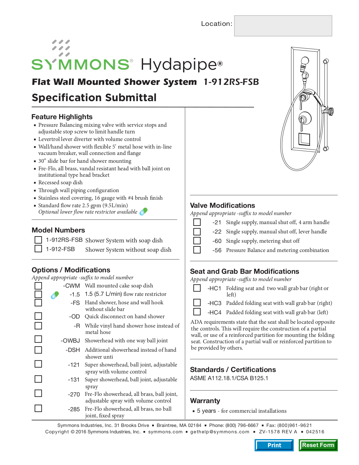 Symmons 1-912-FSB User Manual