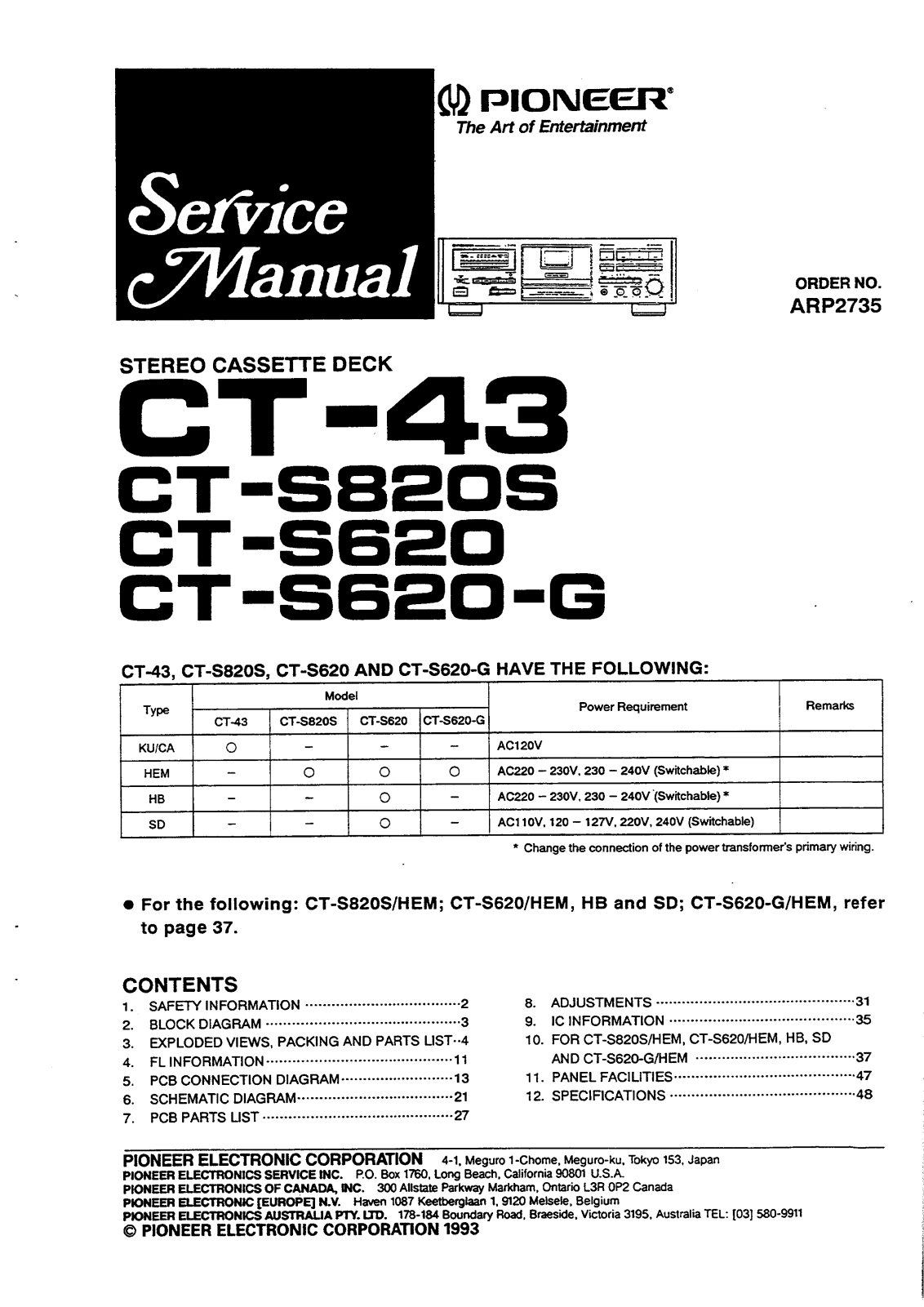 Pioneer CT-43, CTS-620-G, CTS-620, CTS-820-S Service manual