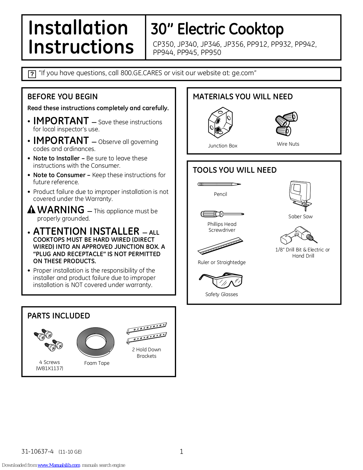 GE PP942SMSS, PP950SMSS, PP945SMSS, PP944STSS, PP944TTWW Installation Instructions Manual