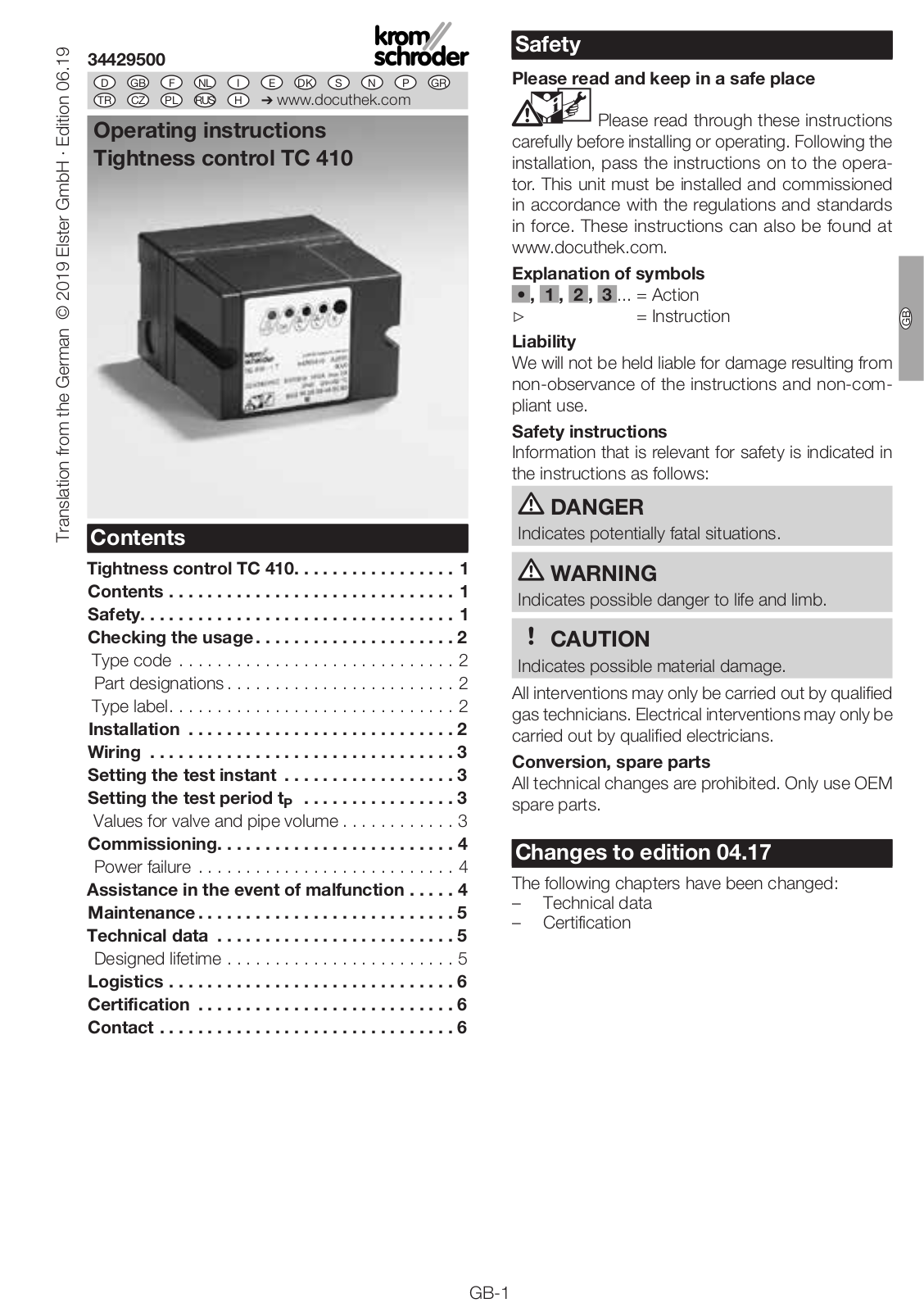 Krom Schroder TC 410 Operating Instructions Manual