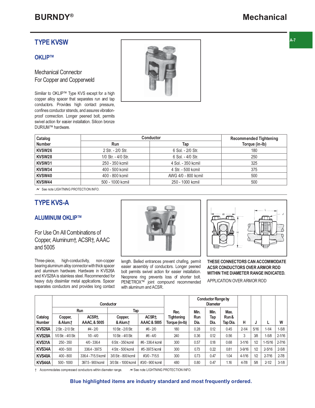 Burndy KVS-A, KVSW Catalog Page