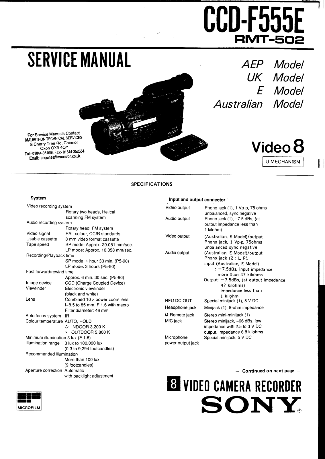 SONY CCD-TR311 X Service Manual