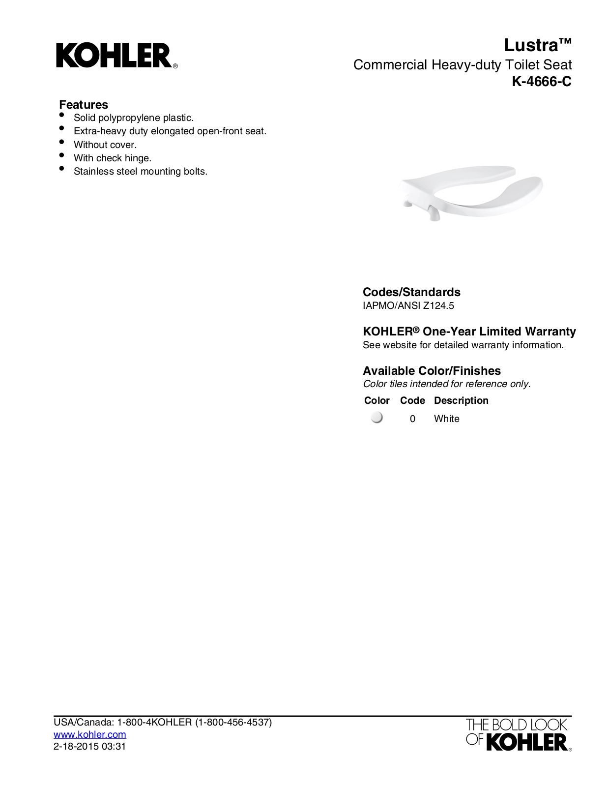 Kohler KOH3722 Specifications - ManualMachine.com