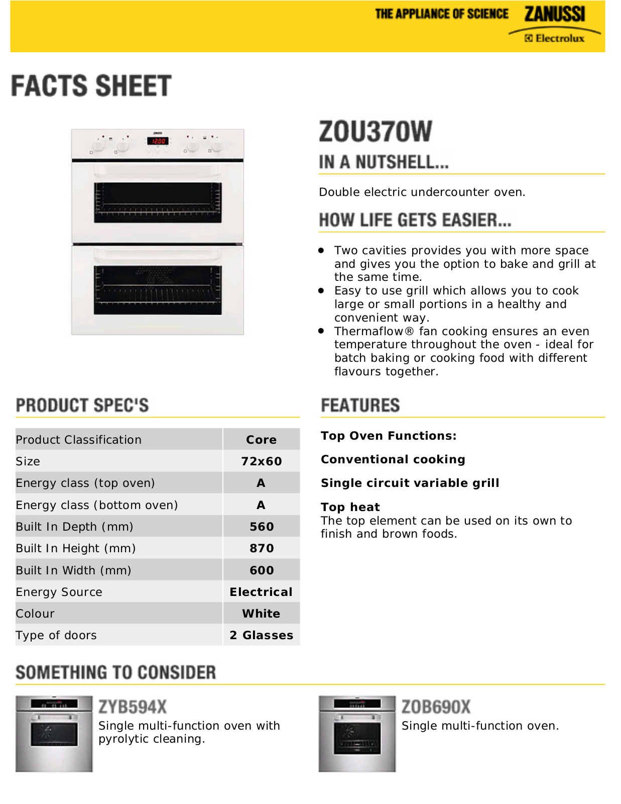 Zanussi ZOU370W facts sheet