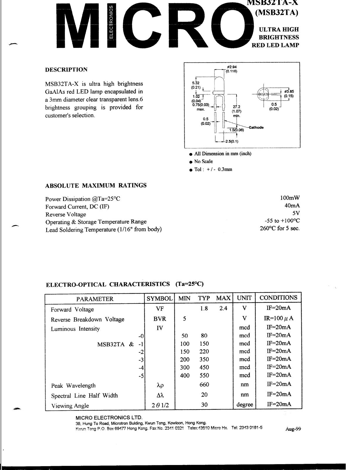 MICRO MSB32TA-5, MSB32TA-0, MSB32TA-1, MSB32TA-2, MSB32TA-3 Datasheet