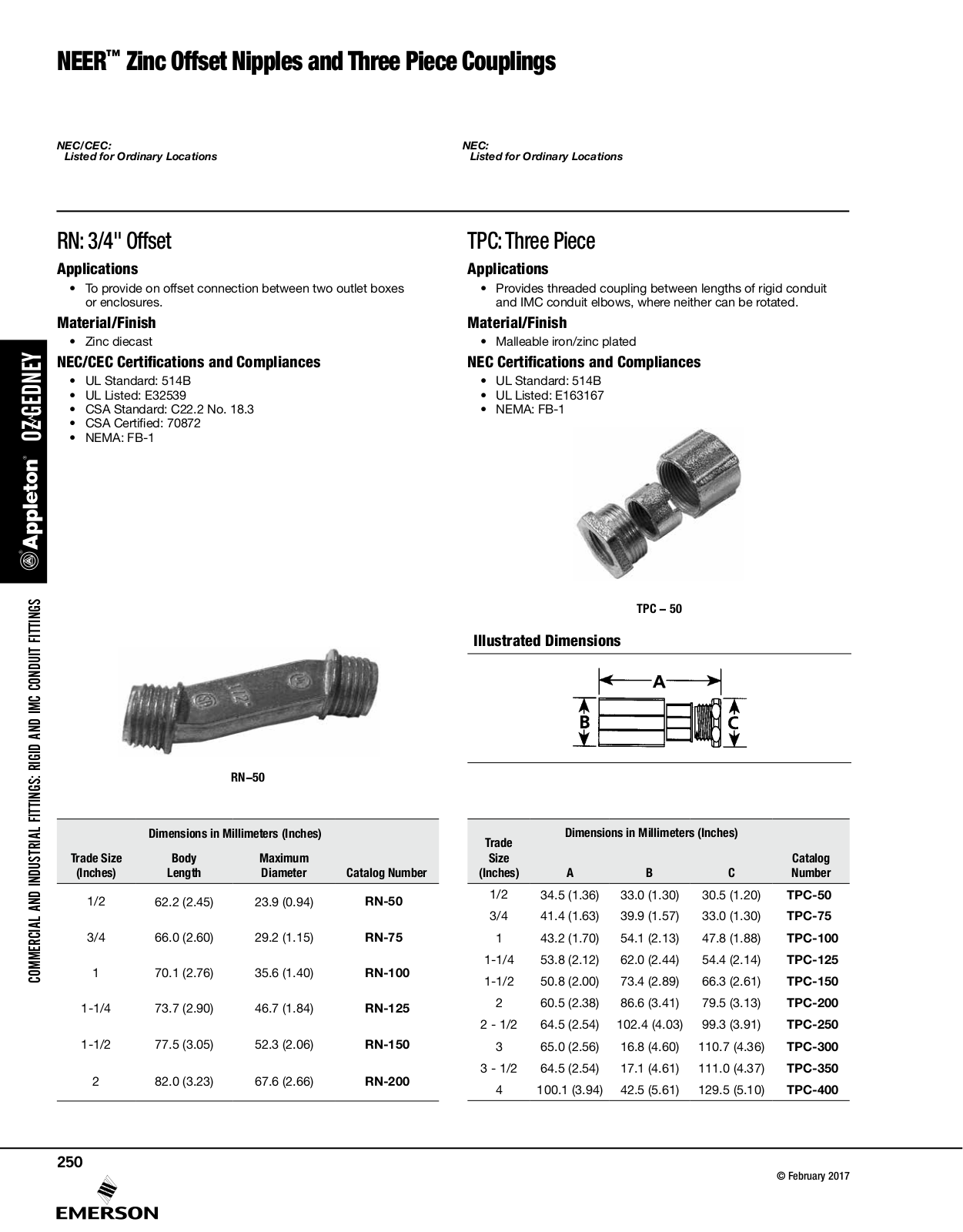 Appleton NEER™ Zinc Offset Nipples and Three Piece Couplings Catalog Page