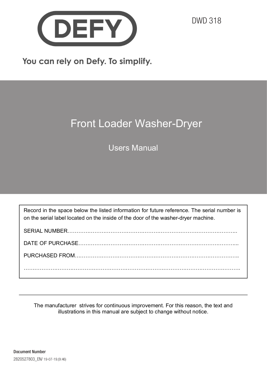 Defy DWD 318 User Manual