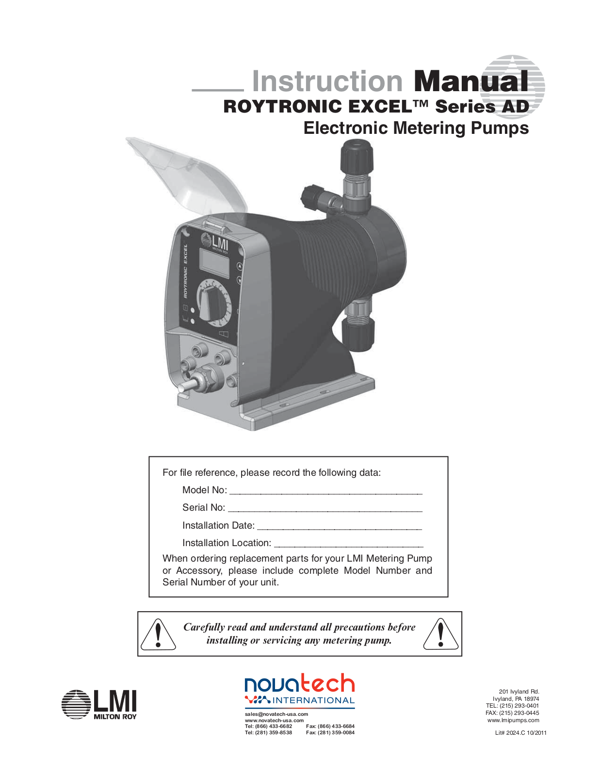 Nova-Tech LMI Roytronic Excel Series AD Metering Pump User Manual