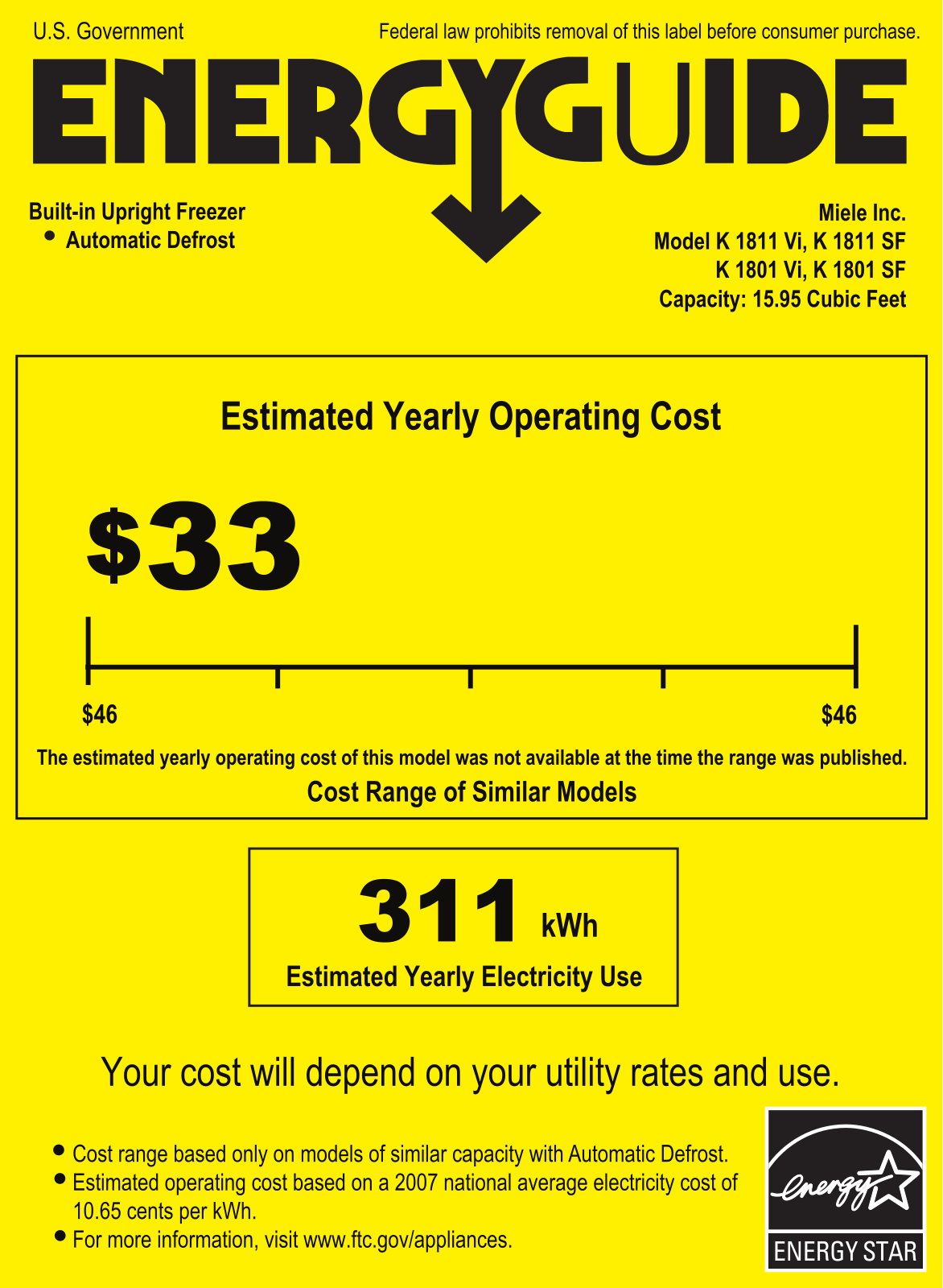 Miele K 1811 Vi, K 1801 SF, K 1811 SF, K 1801 Vi Energy Guide