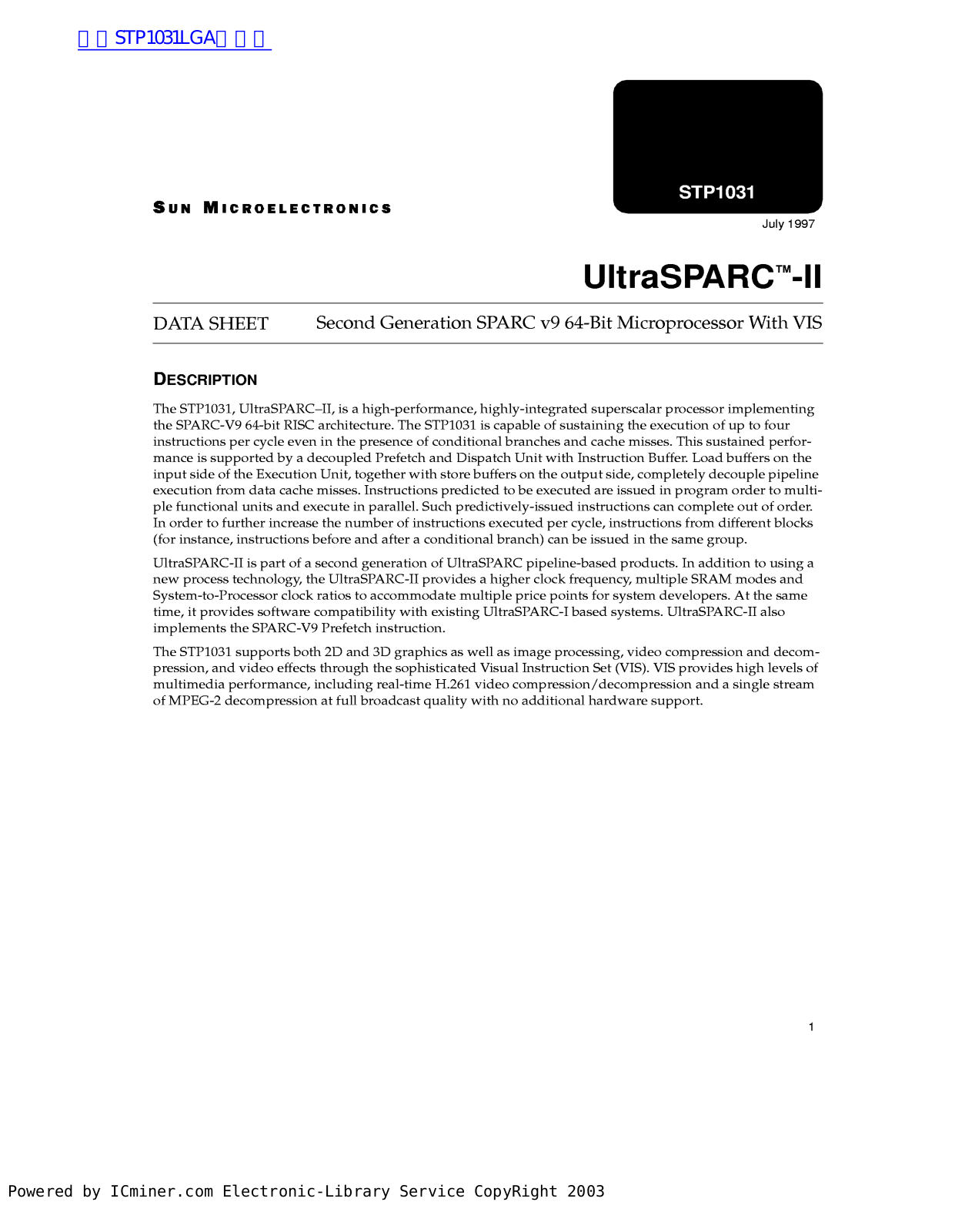 SUN MICROELECTRONICS STP1031 Technical data