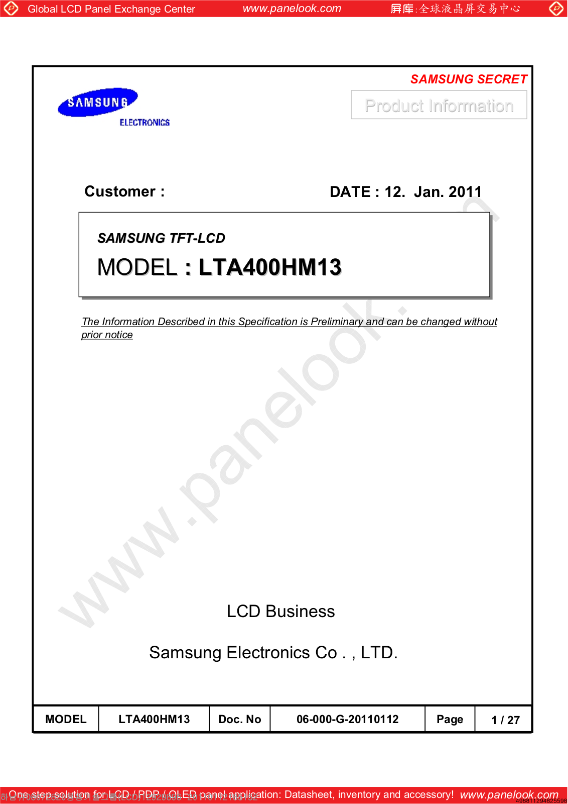 SAMSUNG LTA400HM13 Specification