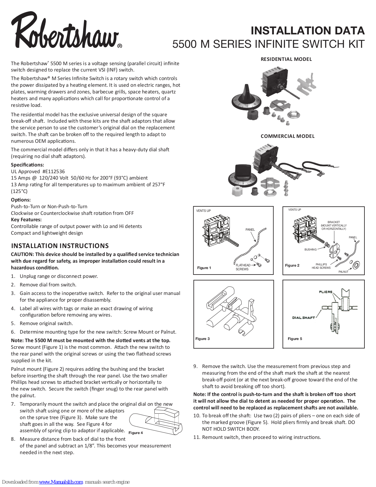 Robertshaw 5500-104, 5500-103, 5500-104M, 5500-113, 5500-113M Installation Data