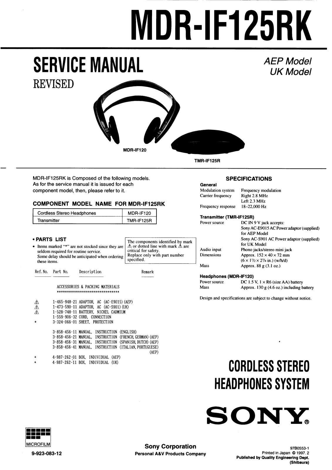 Sony MDR-IF125RK Service Manual