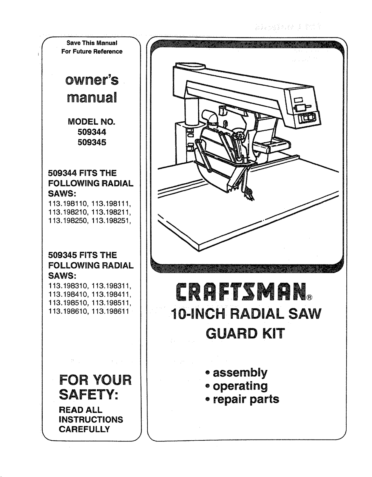 Craftsman 113198411, 113198510, 509345, 113198611, 113198610 Owner’s Manual