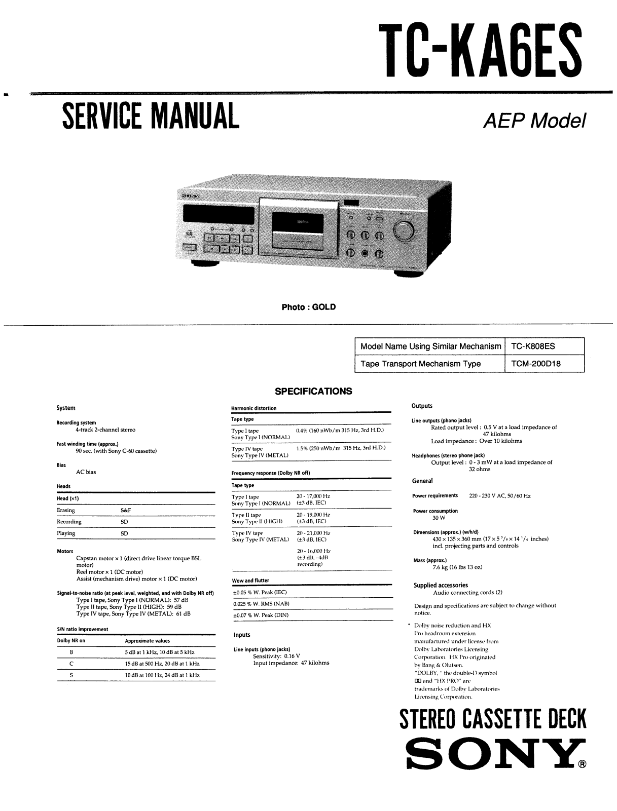 Sony TCKA-6-ES Service manual