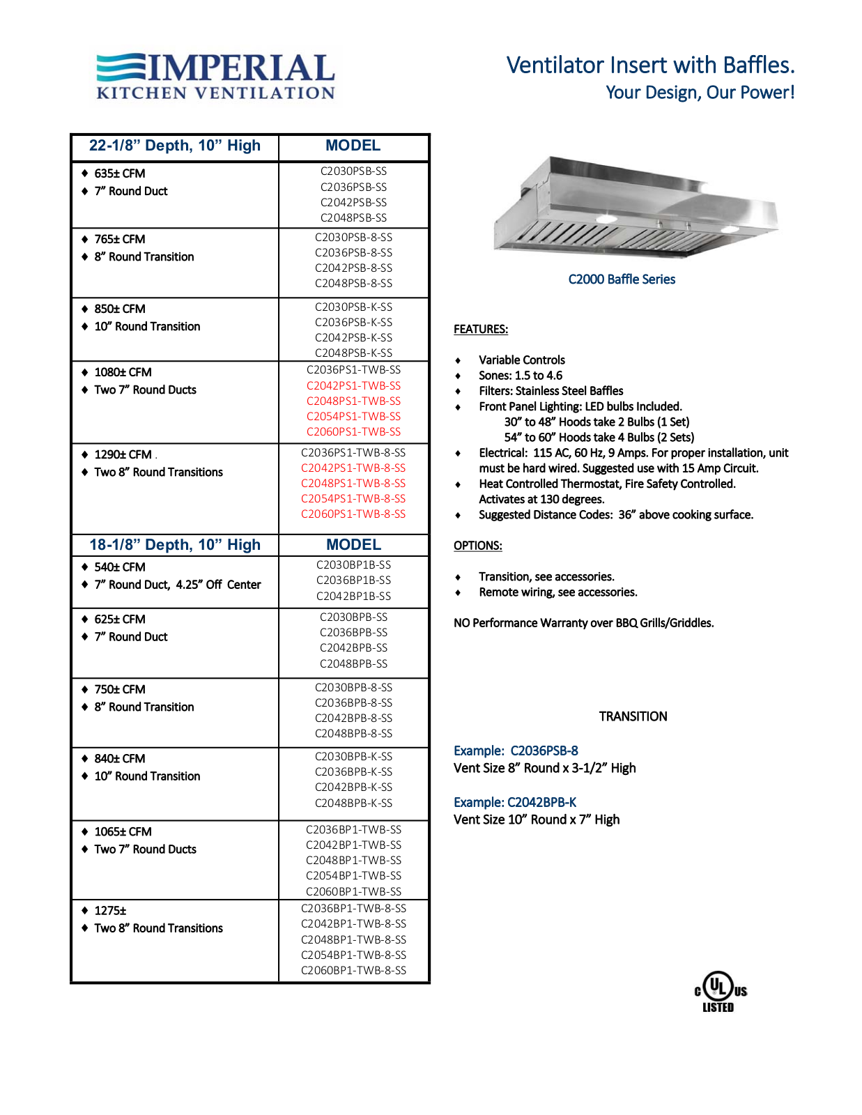 Imperial C2060PS1TWB8SS, C2048PS1TWBSS, C2054PS1TWBSS, C2060PS1TWBSS, C2042PS1TWB8SS Specifications