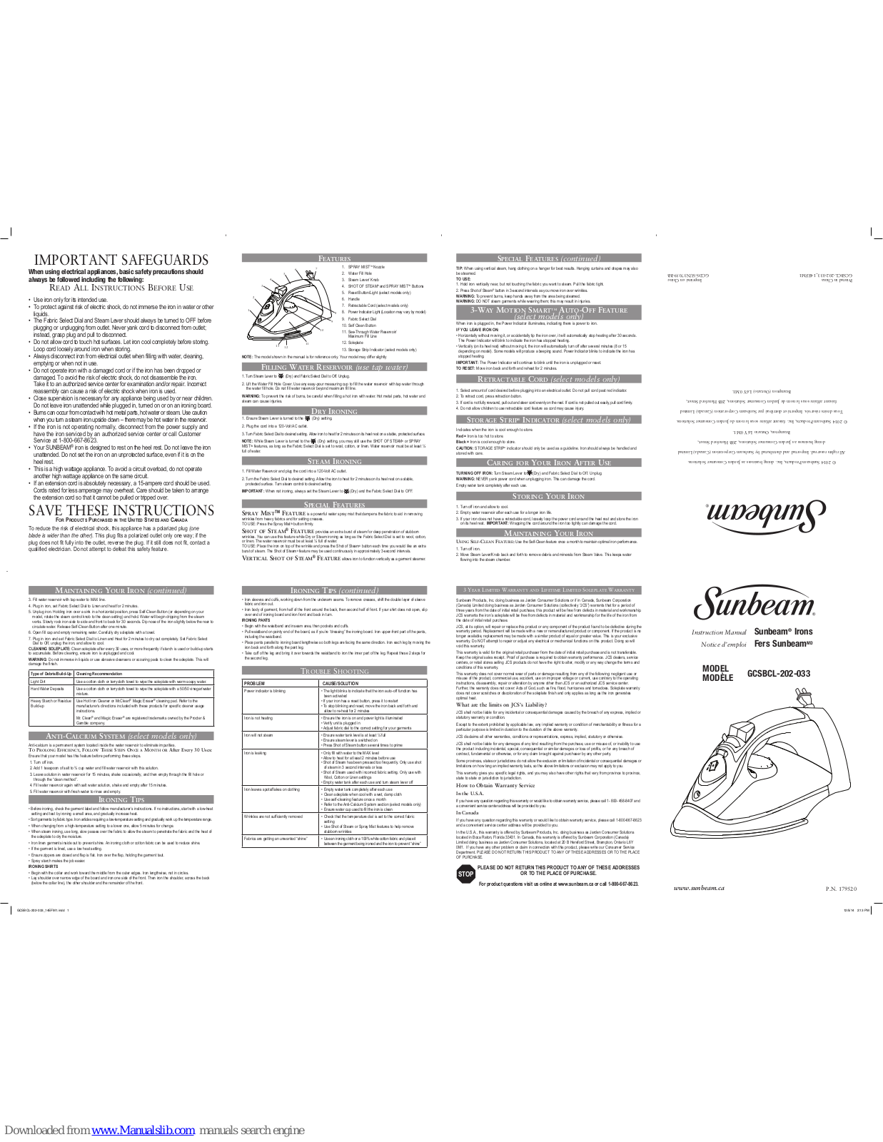Sunbeam GCSBCL-202-033 Instruction Manual