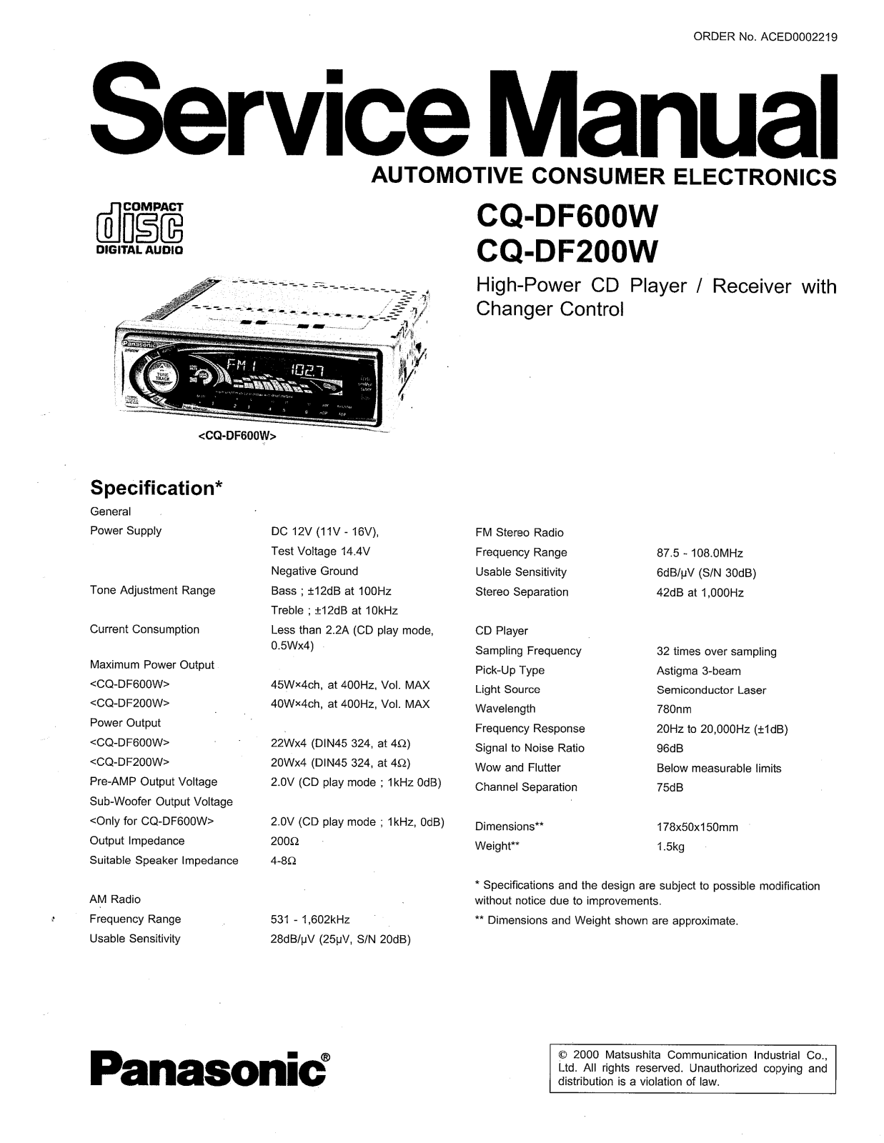 Panasonic CQDF-200, CQDF-600 Service manual