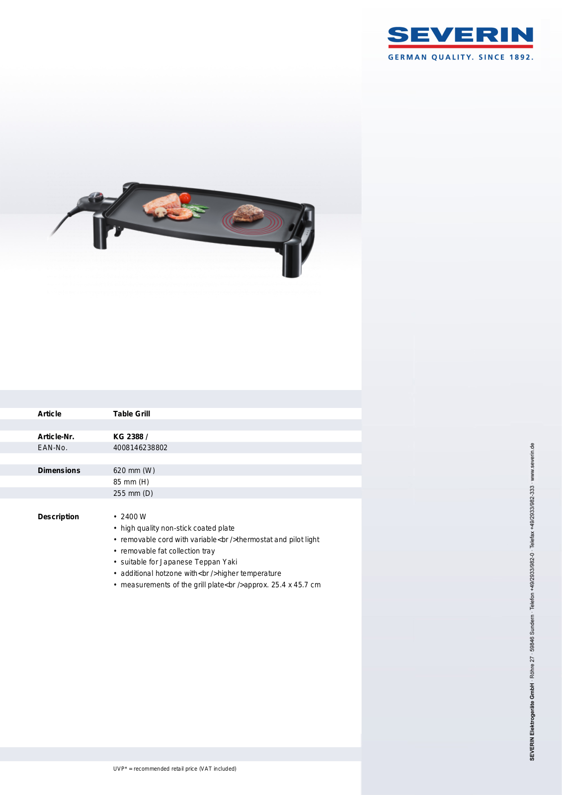 Severin KG 2388, TABLE GRILL User Manual